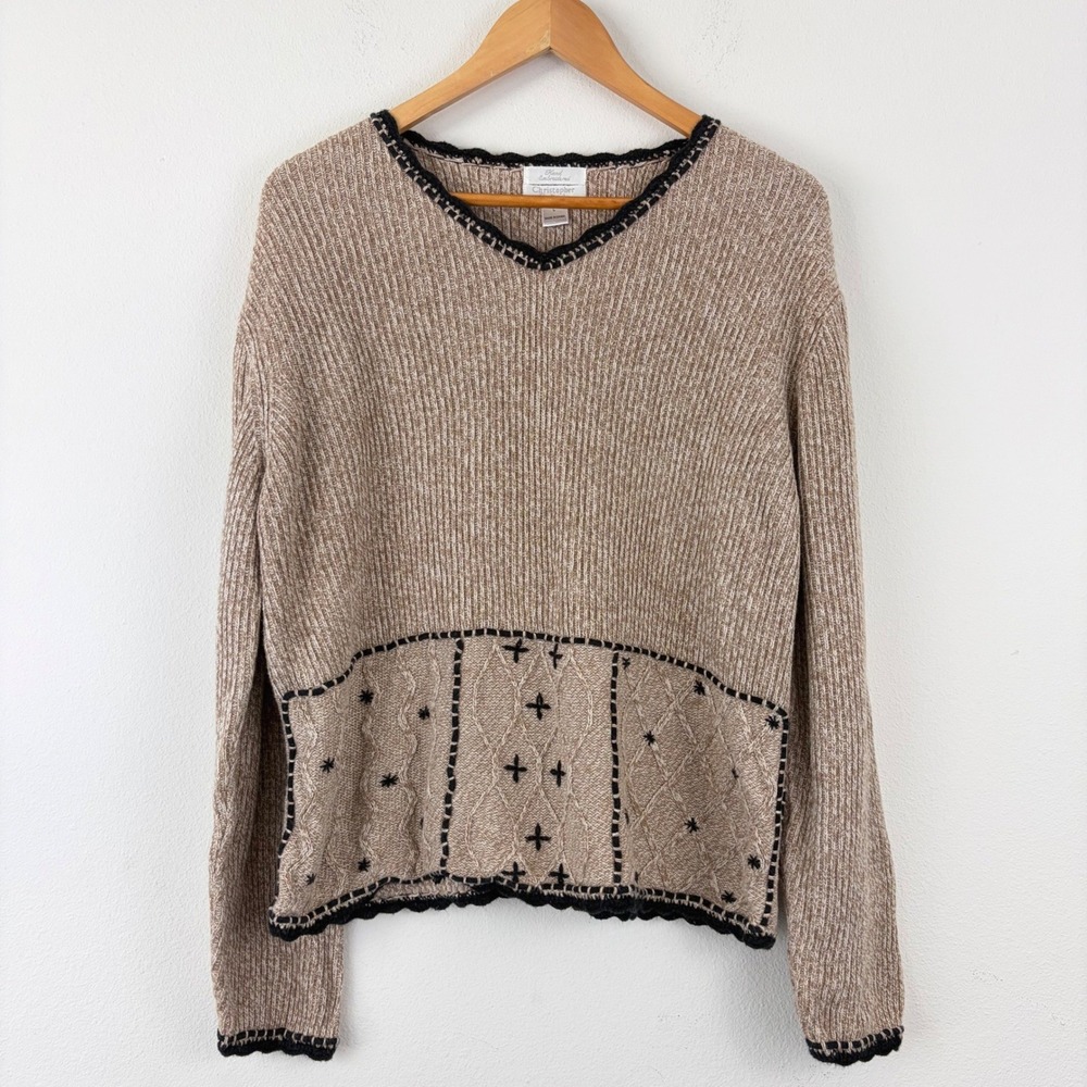 Cottagecore Christopher & Banks Hand Embroidered Sweater Sz L Ramie Cotton